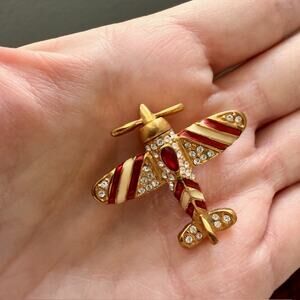 Airplane Brooch Gold Tone Body Red‎ Cream Stripes Rhinestones Spin Propeller VTG